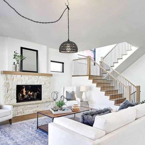 Lighting fixtures, 1-Light Pendant Light,Boho Black Woven Rattan Basket with Twist Hemp Hanging Cord Plug in Coastal Pendant Lamp for Dining Living Room Kitchen Island Foyer Bedroom Hallway