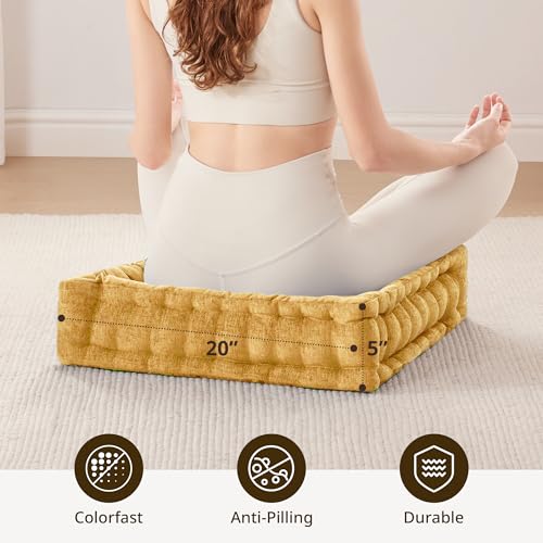 Intelligent Design Floor Pillow - Shredded Foam Filled Meditation & Yoga Cushion, Chenille Tufted, Handsewn Scalloped Edge, Oeko-TEX Certified, Azza, 20" x 20" x 5" Yellow - color: Yellow