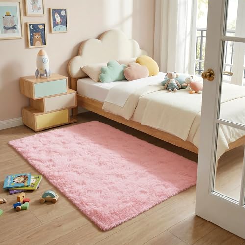 Jelymark Super Soft Shaggy Rug for Bedroom, 3x5 Feet Fluffy Carpet for Living Room, Fuzzy Indoor Plush Area Rug for Home Decor, Furry Floor Rugs for Dorm, Kids Nursery Rug for Girls, Pink - color: Baby Pink, size: 3' x 5' (Rectangular)