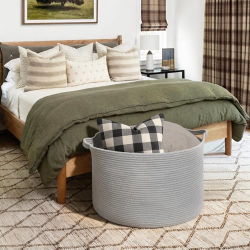 MEGASKET 115L Super Large Gray Blanket Basket, 23.6"x15.7" Woven Cotton Rope Storage Basket for Laundry, Towel, Pillow, Oversized Kids Dog Toy Storage Bin, Grey XXXL Blanket Holder for Living Room - color: Gray, size: 23.6"x23.6"x15.7"