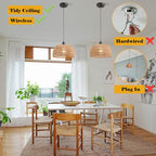 Battery Operated Pendant Light with Remote,Battery Hanging Light Rattan Woven Chandelier No Wiring Needed,Rechargeable Light Bulb 50+Hours Continue Use,Perfect for Kitchen Islands Ceiling Lighting - color: Brown