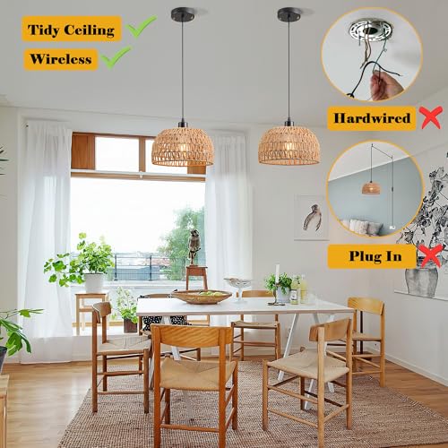 Battery Operated Pendant Light with Remote,Battery Hanging Light Rattan Woven Chandelier No Wiring Needed,Rechargeable Light Bulb 50+Hours Continue Use,Perfect for Kitchen Islands Ceiling Lighting - color: Brown
