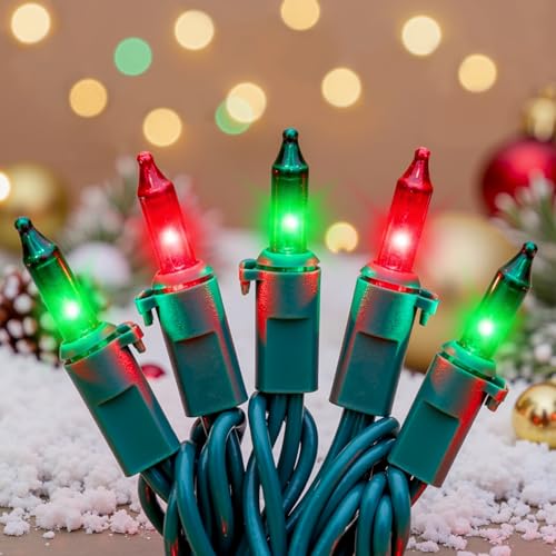 Red and Green Christmas Lights, 13FT 50 Count Incandescent Blub Mini Lights with Green Wire, UL Certified Christmas Tree Light Connectable for Indoor Outdoor Xmas Holiday Party Yard Decorations - color: Red Green