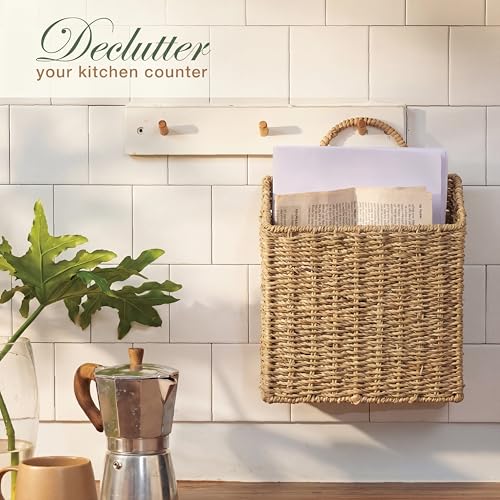 Set of 2 Wicker Hanging Basket for Organizing, Front Door, Mail, Flowers - Woven Wall Baskets for Storage (Natural Seagrass) - color: Natural Seagrass