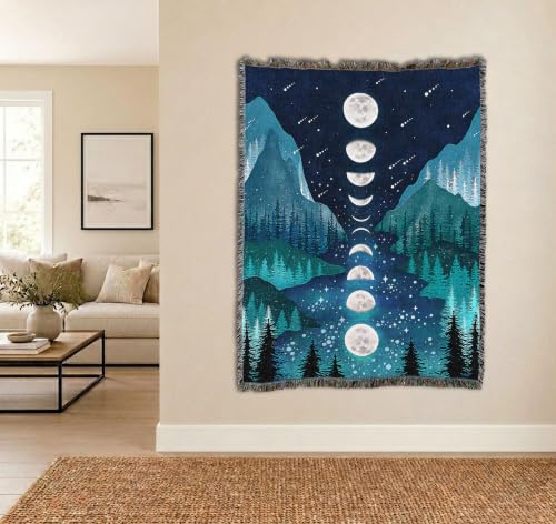 Pure Country Weavers Moonlight Garden Olive by Episodic Drawing - Gift Tapestry Throw Blanket Woven from Cotton - Made in The USA (72x54) - color: River and Sky, size: 72x54