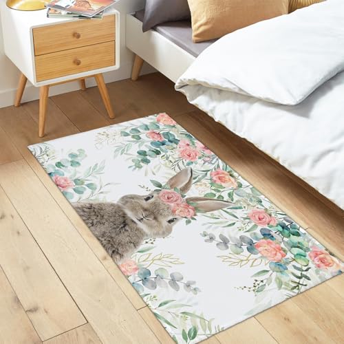 Easter Rabbit Area Rug 2x3 Spring Easter Bunny Eucalyptus Leaf Floral Indoor Outdoor Non-Slip Low Pile Front Door Mat Small Entry Throw Carpet for Living Room Bedroom Holiday Decor - color: Easter Rabbit