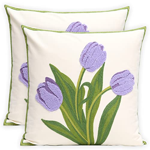 Pack of 2 Embroidered Decorative Throw Pillow Cover 18x18 Inch Farmhouse Floral Pillowcase for Living Room Sofa Bed (Purple Tulip) - color: Purple Tulip