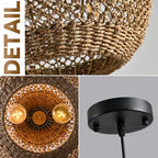 Hand-Woven Boho Rattan Chandelier Pendant Light Fixture - Brown Wicker Hanging Lamp for Kitchen Island, Dining Room, Bedroom, Foyer, Entryway, Porch or Restaurant Ceiling Lighting 15 Inch