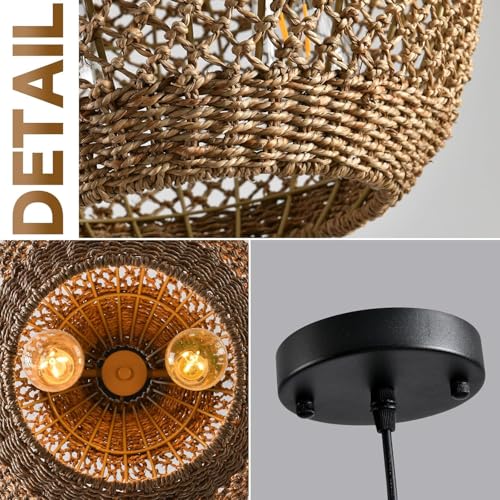 Hand-Woven Boho Rattan Chandelier Pendant Light Fixture - Brown Wicker Hanging Lamp for Kitchen Island, Dining Room, Bedroom, Foyer, Entryway, Porch or Restaurant Ceiling Lighting 15 Inch