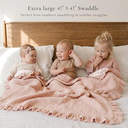 Konssy Flounce Muslin Baby Blanket for Girls Boys 47 x 47 Inches, 100% Cotton Soft Crib Swaddle Blankets, Reversible & Breathable Nursery Bedding for Newborns Toddlers (Blossom) - color: Blossom, size: 47"x47"