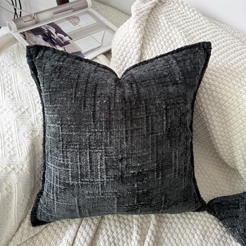 OYIMUA Black 16x16 Chenille Pillow Covers Set of 2 | Farmhouse Decorative Textured Pillow Cases for Living Room Couch & Bed | Soft Luxury Accent Throw Pillows with Elegant Design - color: Black, size: 16" x 16" (Pack of 2)