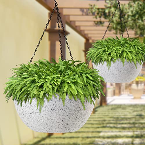 WOUSIWER 13 inch 2Pack Large Hanging Planters for Outdoor Indoor Plants with Drainage Holes and Chain, Round Hanging Flower Pots for Garden Home Porch Decor, White Speckles - color: White Speckles