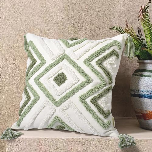 Boho Pillow Covers 18X18 Inch Boho Tufted Throw Pillow Covers Decorative Tassels Cushion Cover Farmhouse Pillow Case for Couch Sofa Bed Living Room Bedroom, Green - color: Boho Multi-green, size: 18" x 18" (Pack of 1)
