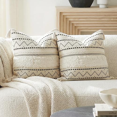 BlissBlush Decorative Throw Pillow Covers 20x20 Combo Set of 2 Square Boho Black Neutral Accent Pillowcase Tassels Farmhouse Cushion for Couch Sofa Bedroom Living Room Home Décor Cover ONLY - color: Black, size: 20" x 20" (Pack of 2)