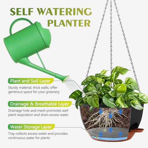 GARDIFE Hanging Planters for Indoor Outdoor Plants, 2 Pack Self Watering Hanging Pot with Drainage Holes & Removable Tray (Black, 10 inch) - color: Black, size: 10 inch