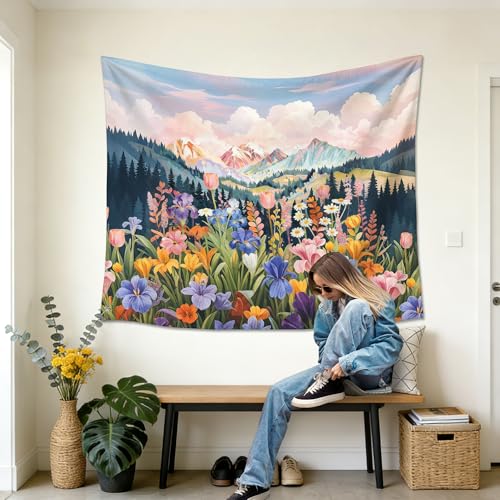gsgfdshf Colorful Wildflower Mountain Wall Tapestry, Spring Floral Forest Nature Landscape Aesthetic Tapestry Wall Hanging for Bedroom Living Room Home Decor, 50x60 Inch - color: Landscape Text-Tapestry-I