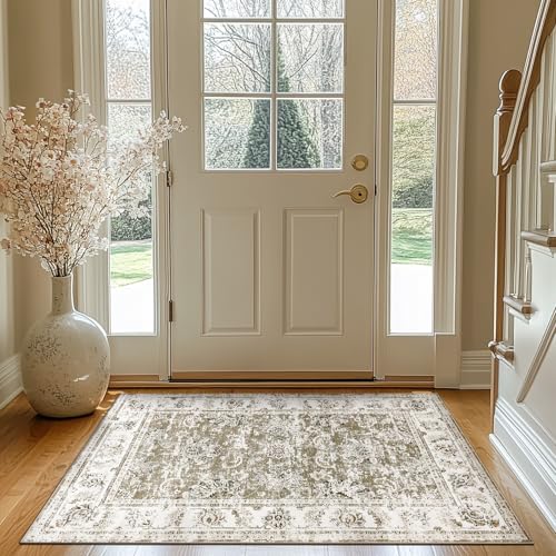 jinchan Fiora Floral Area Rug 3x5, Distressed Vintage Floral Washable Rug with Low-Pile Surface and Non-Slip Backing, for Bedroom Nursery Reading Corner Home Office and Small Living Spaces, Taupe - color: Distressed Taupe, size: 3' x 5' (Light Weight)