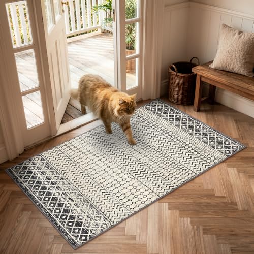 Moroccan Washable Rug for Entryway, 2x4 Black Distressed Non-Slip Door Mat Indoor Entrance, Soft Low-Pile Accent Rug Boho Area Rug for Bedroom Bathroom Kitchen - color: Black, size: 2' x 4' (Rectangular)