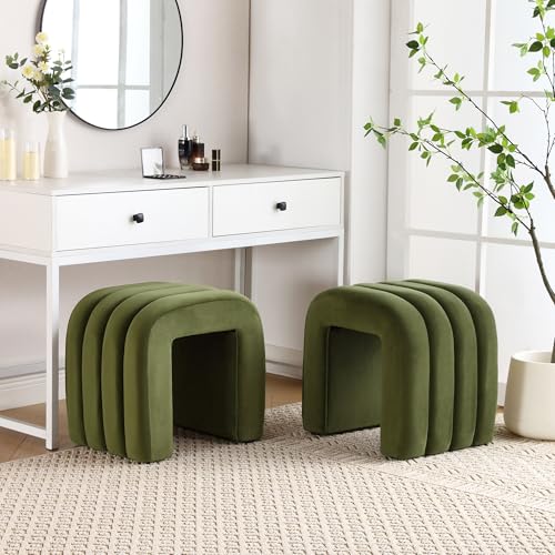 ONEVOG Velvet Pouf Ottoman, Olive Green Foot Rest for Couch 18 inch Cute Vanity Chairs for Makeup, Sturdy Frame, Living Room Decor, Upholstered Footrest for Dorm, Bedroom - color: Olive Green