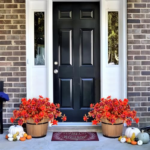 Fall Flowers Artificial for Decoration, Fake Silk Rhododendron Flowers for Outdoors, 2 Bundles Faux Azalea Outside UV Resistant No Fade Floral for Home Garden Balcony Walkway Wedding Party Decor - color: Y-orange Red