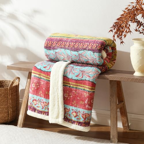 Boho Chic Sherpa Throw Blanket - Vibrant Bohemian Print & Ultra-Soft Cozy Lining, Stylish & Warm Winter Throw for Couch, Bed, or Décor - color: Boho-red, size: 50" x 60"