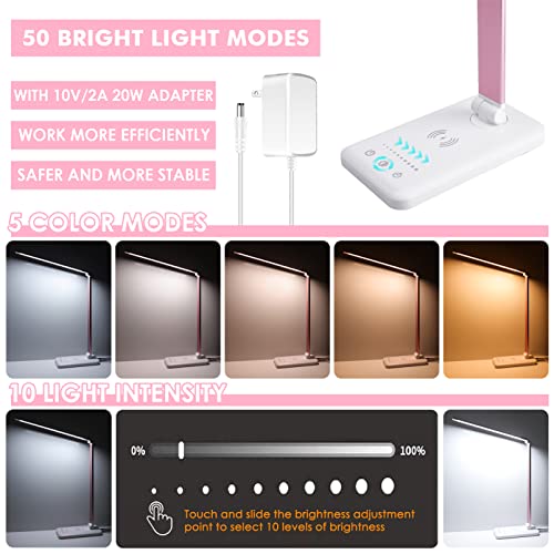 LED Desk Lamp with Wireless Charger, USB Charging Port, Desk Lighting with 10 Brightness, 5 Color Modes, Dimmable Eye Caring Reading Desk Lamps for Home Office, Touch Control, Auto Timer, Pink - color: Pink, size: PRO