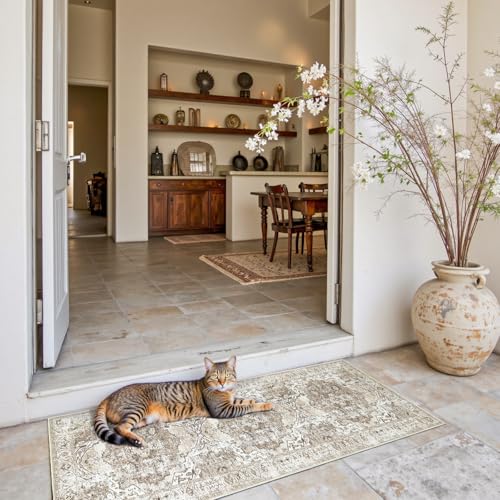 jinchan Runner Rug 2x5 Washable Hallway Rug Vintage Traditional Floor Cover Thin Taupe Multi Distressed Floral Indoor Mat for Kitchen Bathroom Bedroom Living Room - color: Medallion Taupe Multi, size: 2' x 5' (Runner)