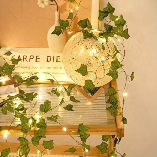 Fake Plants Vines,33ft 100 LED Artificial Ivy Garland with Fairy Lights,for Home Living Room Bedroom wall Art Aesthetic Office Coffee Wedding Party Farmhouse Dorm Outdoor Garden Decor - color: IVY String Lights