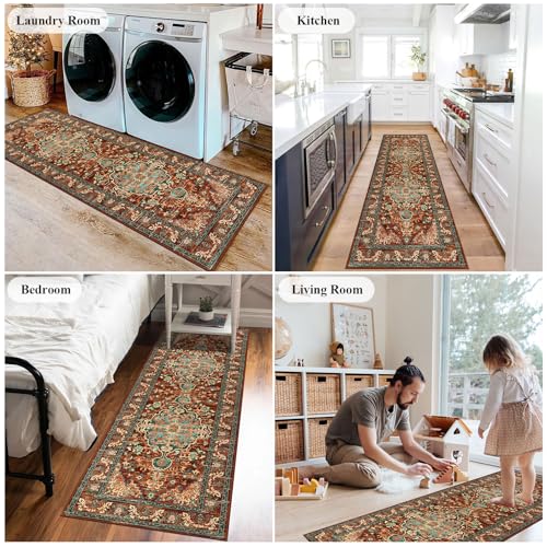 U'Artlines 2' x 6' Boho Hallway Runner Rug, Non Slip Washable Vintage Farmhouse Accent Area Rug Carpet for Kitchen Entryway Laundry and Living Room (Rust＆Teal) - color: Rust＆teal, size: 2' x 6' (Runner)
