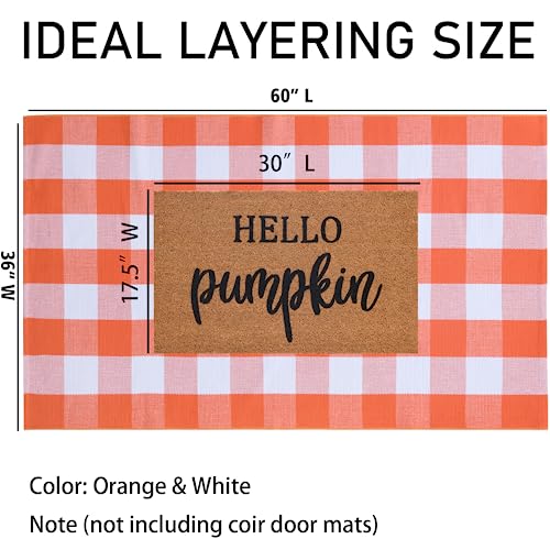 Orange and White Plaid Rug, 3' x 5' Fall Front Door Decor Mat, Cotton Washable Hand-Woven Door Mat for Layered Doormat, Autumn Halloween Thanksgiving Carpet for Porch, Entryway - color: Orange & White Plaid, size: 3' x 5' (Rectangular)