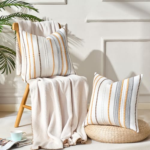 Farmhouse Throw Pillow Covers Accent Pillows Fall Pillow Covers 18x18 Boho Decorative Textured Woven Cushion Cases Set of 2 Mustard Yellow Striped Couch Covers for Couch Bed Living Room Home - color: Orange, size: 18" x 18" (Pack of 2)