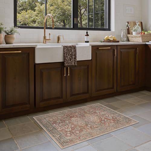 Bavni Washable Rug 2x4, Non Slip Small Runner for Entryway, Kitchen or Bathroom, Vintage Print Thin Low Pile Indoor Carpet, Brick - color: Brick, size: 2' x 4' (Rectangular)