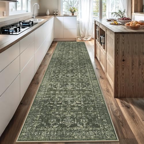 3x12 Green Runner Rug Hallway Washable Area Rugs Kitchen Vintage Boho Non Slip Long Rug Floral Carpet Indoor Retro Soft Low Pile Throw Rug for Bedroom Bathroom Laundry Dining Living Room Office - color: Dark Green, size: 3' x 12' (Runner)