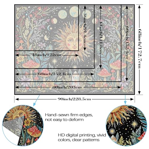 Accnicc Boho Sun and Moon Tapestry Hippie Mushroom Floral Wall Tapestry for Bedroom Aesthetic Vintage Plant Celestial Spiritual Large Tapestries Wall Hanging for Dorm Living Room Decor 80 x 60 Inch - color: Yellow Red, size: 80"L x 60"W