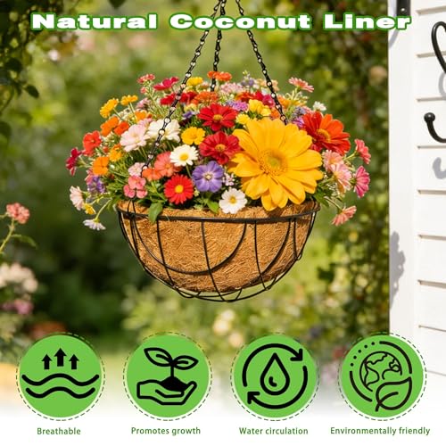 2 Pack 12 Inch Black Metal Hanging Basket Hanging Planter with Coco Coir Liner Heavy Duty Hanging Flower Pot Holder for Indoor Outdoor Patio Garden Porch Balcony Decor (Earth) - color: Earth