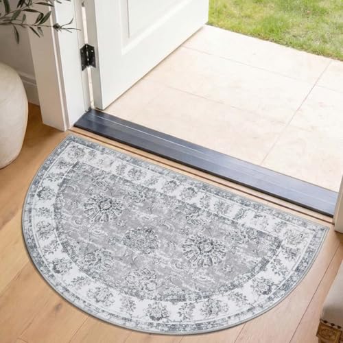 jinchan Fiora Washable Small Area Rug, 2x3 Half Circle Floral Entryway Rug, Low Pile Half Moon Doormat Soft Non Slip Dirt Trapping Carpet for High Traffic Kitchen Bathroom Vanity, Distressed Grey - color: Distressed Grey, size: 1'9" x 3' (Semicircular)
