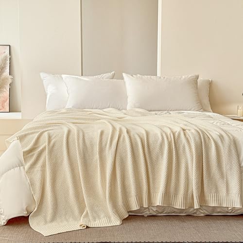 Simple&Opulence 100% Cotton Throw Blanket, Solid Color Cable Knitted Blanket Super Soft Comfortable Breathable Decorative Farmhouse for Couch Sofa Bed, All Season Use(White,50x60) - color: White, size: Throw 50x60"