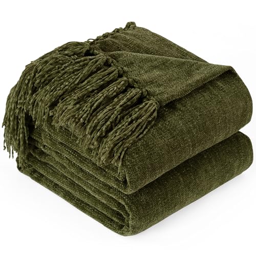 Chenille Throw Blanket for Couch with Tassels,60"X80" Soft Cozy Lightweight Knitted Boho Decorative Blankets for Bed and Sofa,Olive Green - color: Olive Green, size: 60"x80"