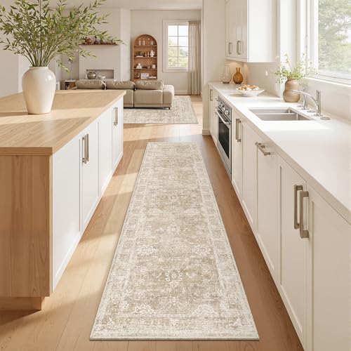 Madane Runner Rug 2x8 for Hallway, Kitchen Non-Slip Runner Rug with Rubber Backing, Vintage Soft Low Pile Throw Neutral Carpet Runner for Laundry Room Entryway Bathroom Bedroom (2 x 8, Beige/Brown) - color: Beige/Brown, size: 2' x 8' (Runner)