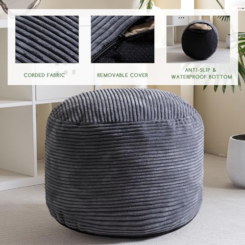 HIGOGOGO Round Stuffed Pouf Ottoman, Corduroy Poufs with Foam Chunk Filling, Furry and Fluffy Pouf Foot Stool Storage Ottoman, 26 X 18 Floor Poufs Foot Rest for Living Room, Dark Grey - color: Dark Grey, size: 26"D x 26"W x 18"H