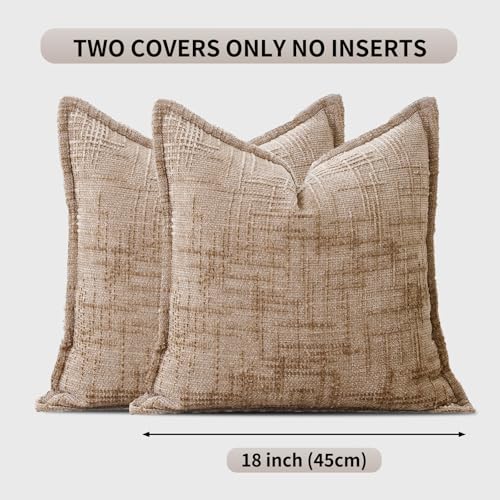 HPUK Fall Chenille Soft Throw Pillow Covers 18x18 Set of 2, Accent Cushion Covers for Living Room, Bedroom, Decorative Solid Color Pillow Covers for Couch, Sofa, Chair, Light Brown - color: Chenille-light Brown, size: 18" x 18" (Pack of 2)