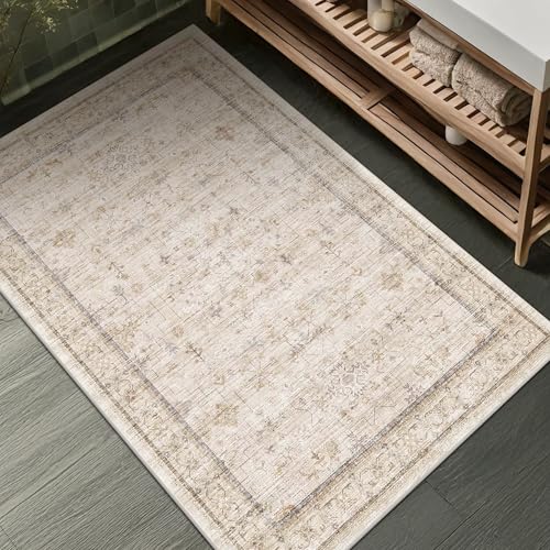 Farmhouse Bathroom Rug 2x3 Beige, Machine Washable Small Non Slip Indoor Entryway Area Rug, Low Pile Thin Neutral Vintage Design for Bedside, Kitchen - color: Light Sand Beige, size: 2' x 3' (Rectangular)