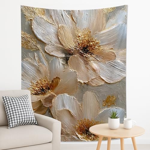 Elegant Beige Floral Tapestry, Textured Wall Hanging for Living Room, Bedroom, Bohemian Decor, Perfect for Home and Dorm 70x90 Inch - size: 70x90 Inch
