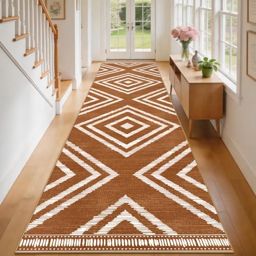 3x16ft Boho Hallway Runner Rugs Washable Non Slip, Long Brown Entryway Rug Runners Non Shedding, Geometric Kitchen Floor Carpets for Doorway Entrance Farmhouse Living Room Home Decor - color: Brown, size: 3' x 16' (Rectangular)