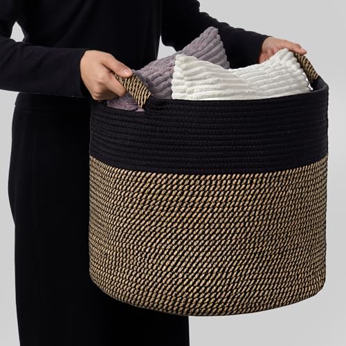 Blanket Basket (16" Dx14 H) - Round Woven Rope Storage for Living Room Throws, Pillows & Laundry- Black/Mixed Jute - color: Black/Mixed Jute, size: 16" X 16" X 14"