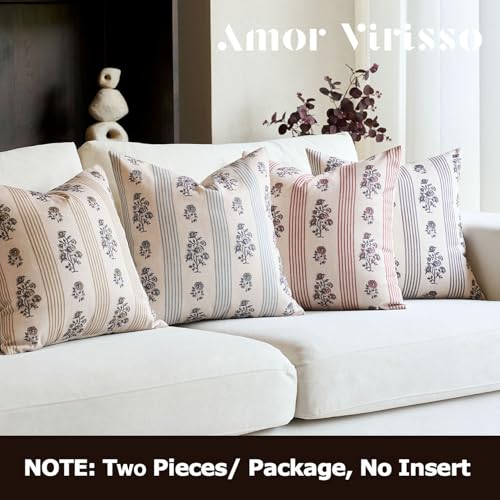 Amor Virisso Floral Throw Pillow Covers 22x22 Set of 2 Block Print Pillow Covers Neutral Floral Striped Farmhouse Decorative Pillow Covers for Sofa Couch Bed, Light Blue - color: Light Blue, size: 22" x 22" (Pack of 2)
