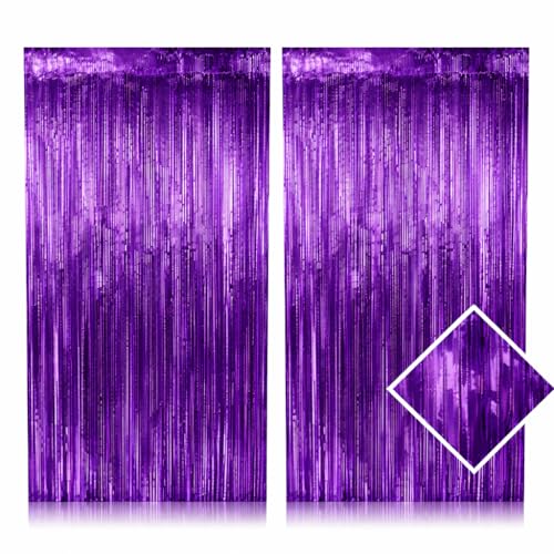 2 Pack Purple Metallic Tinsel Fringe Curtain Backdrop Streamers 3.2ft x 6.4ft. Party Decoration for Birthday, Wedding, New Years Eve, Graduation, Baby Shower & Other Event Decoration - color: Purple