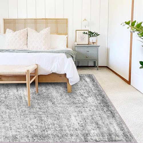 CHAMPLANT 5x7 Washable Area Rug Gray Vintage Traditional Floor Cover Foldable Thin Kitchen Accent Indoor Distressed Non Slip Carpet Floral Print Mat Bedroom Living Room Bathroom - color: Grey, size: 5' x 7' (Rectangular)