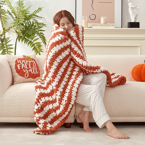 Amélie Home Chunky Knit Throw Blanket for Couch, Soft Chenille Handmade Crochet Throw Rope Knot Blanket for Couch, 50"x60", Burnt Orange & White Striped - color: Burnt Orange/White Stripe, size: 50"x60"