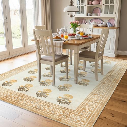 Beige Brown Floral Living Room Rug 5x7 Area Rug - Vintage Washable Rug for Dining Room, Bedroom, Ultra Soft Low Pile Non Slip Stain Resistance Distressed Boho Farmhouse Flower Carpet - color: Beige/Brown/Yellow, size: 5' x 7' (Rectangular)